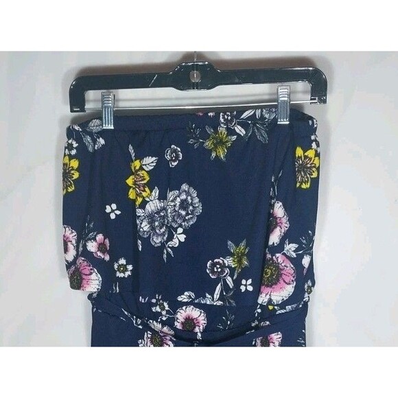 Eye Candy Romper Jumpsuit L Navy Blue Floral Wide Leg Flounce Boho Resortwear - Picture 2 of 8